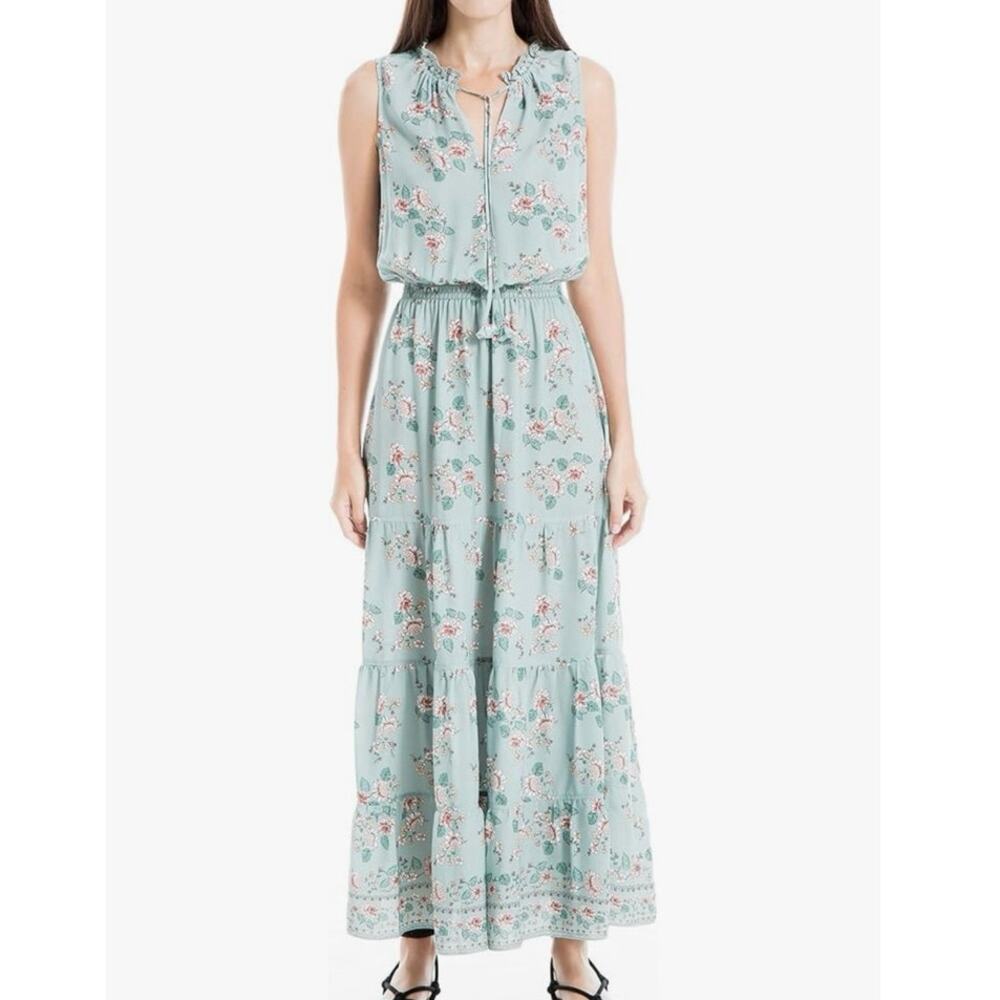 Max Studio Womens Crepe Ruffle Neck Tiered Maxi Dress size XS Cottagecore Boho